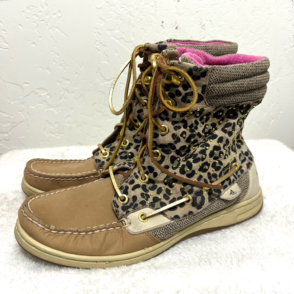 Sperry Top-Sider Hikerfish Leopard Print Boots Leather Size 9 women’s